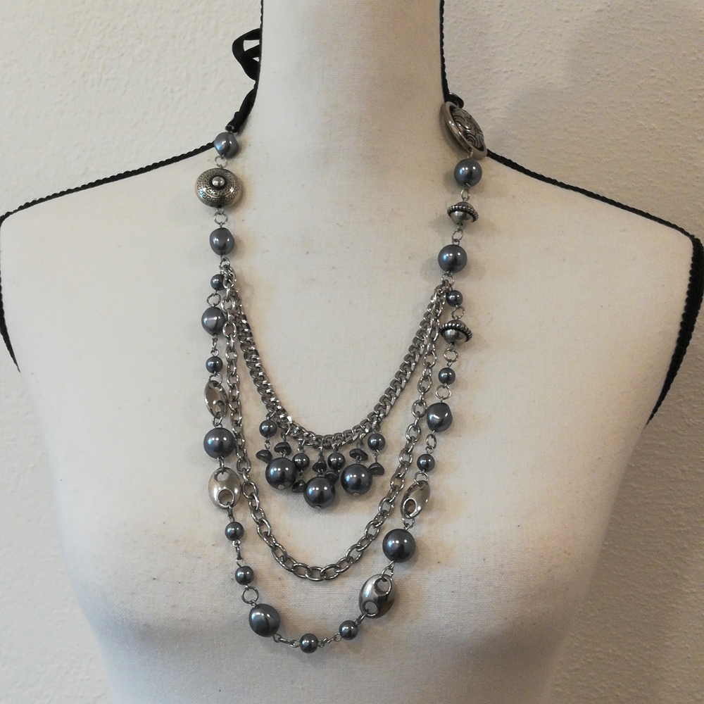 Gray and Silver Tone Layered Look Tie Back Statement Necklace